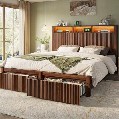 CypBed King Size Bed Frame and Headboard& 2 Storage Drawers, King Bed Frame with LED Light and Charging Port, Farmhouse Wavy Design, Wood & Metal Platform, Noise-Free, No Box Spring Needed, Walnut