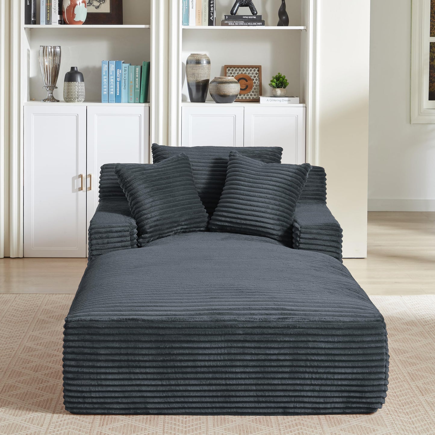 KEIKI 78.7" Oversized Chaise Lounge Chair Indoor, Corduroy Upholstered Boneless Cloud Couch with 3 Pillows, Deep Seat Comfy Sleeper Sofa Bed, No Assembly Required for Living Room