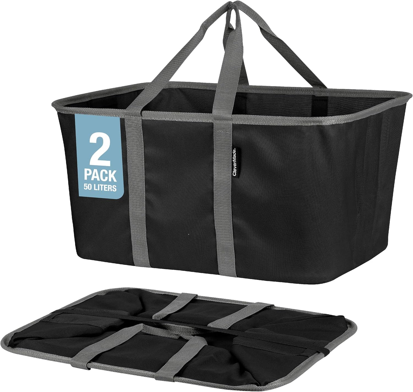 CleverMade Collapsible Laundry Tote, Midnight Black/Shadow Gray 2PK, 50L Collapsible Laundry Baskets with Long Carry