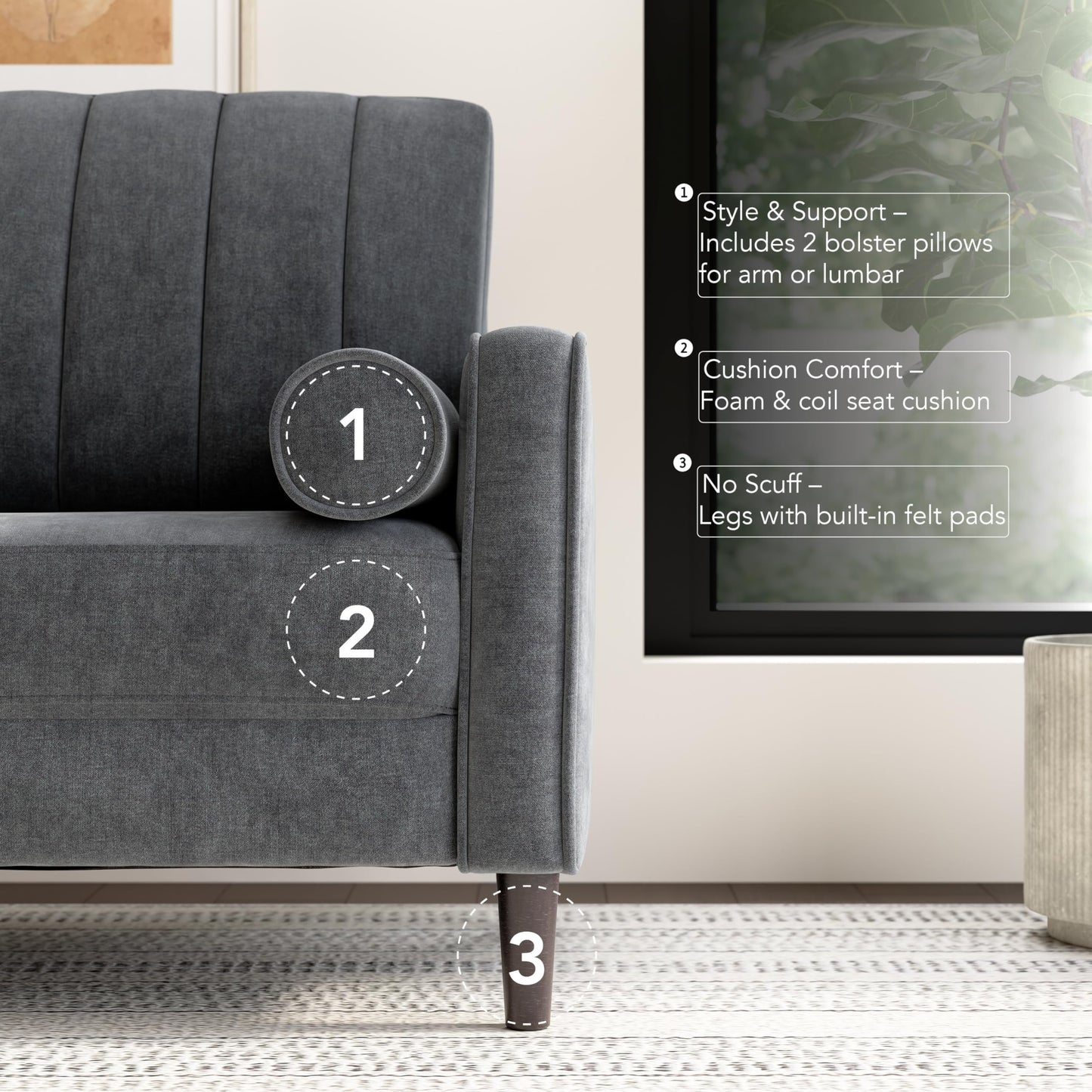 Bush Home 77-inch Sofa, Living Room Furniture, Max Collection, Iron Gray Chenille Fabric