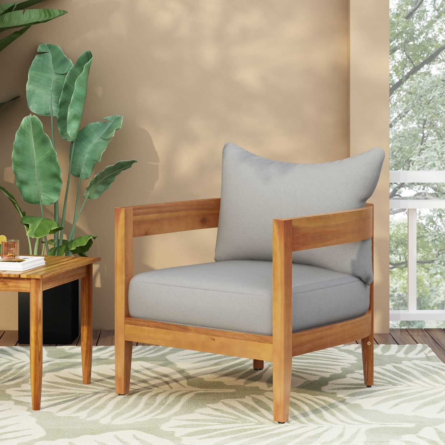 Christopher Knight Home Nadine Acacia Wood Club Chair, Outdoor Accent Chair, Tub Shape Design Armchair, Comfort Cushions Seating, Slat Open Back Reading Sofa for Balcony Backyard Garden, Teak+Gray