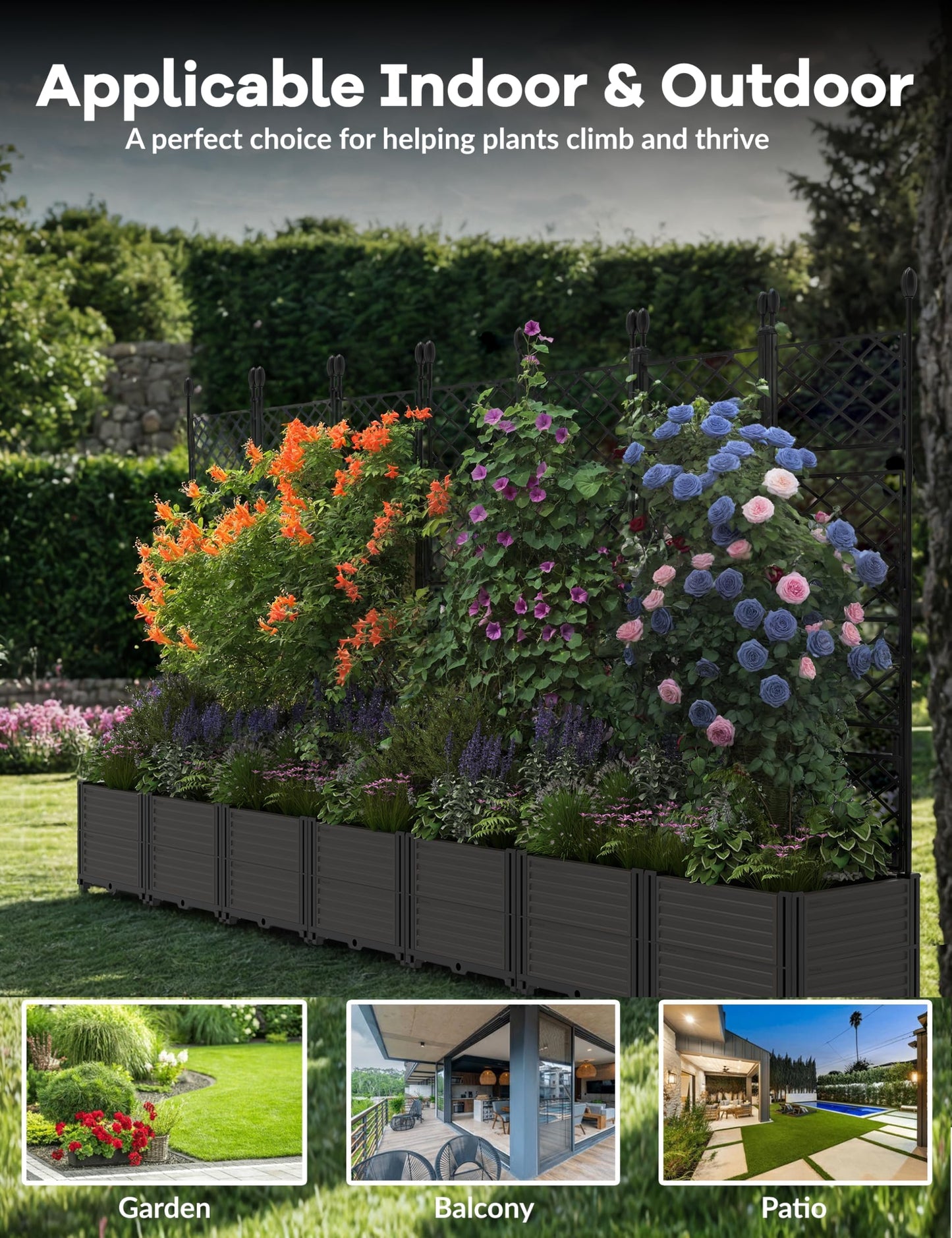 FinerFurnis Large 7-Section Raised Garden Bed with Metal Trellis – Modular Vertical Planter Box, Privacy Screen for Climbing Plants, Small Outdoor Spaces, Patio, Balcony – 7PCS