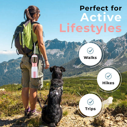 Innoshopp Dog Water Bottle - Portable Pet Water Bottle with Food Container & Poop Bag Dispenser - Lightweight, Leak Proof & BPA Free Dogs Drinking Bottle for Walking, Hiking & Travel (Pink)