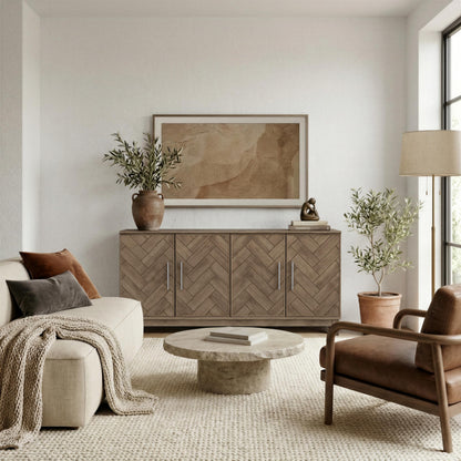Lab Cosi 62.9" Sideboard Buffet Cabinet with Storage, Herringbone Wood Credenza with 4 Doors, Wood Coffee Bar Table Console for Hallway, Dining Room, Living Room, Kitchen