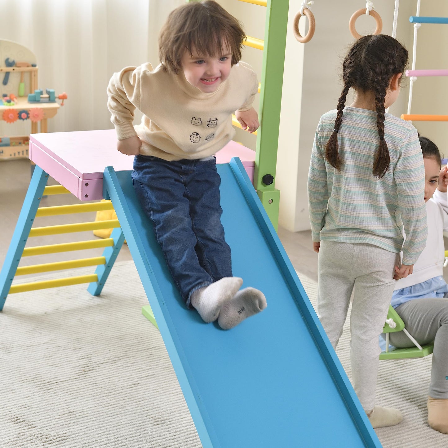 Avenlur Grove 9-in-1 Indoor Jungle Gym Playground: Montessori Waldorf Style Wood PlaySet for Kids, and Toddlers Features Monkey Bars, Rope Wall Net, Ladder, Climber, Slide, Ring Set. Ages 2-11yrs