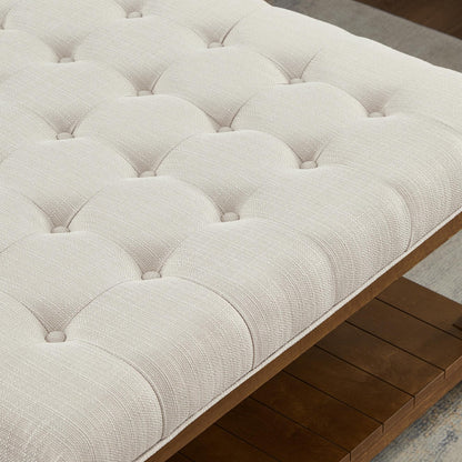 GDFStudio Large Square Upholstered Tufted Linen Ottoman Coffee Table with Solid Wood Frame and Open Storage Shelf, Nailhead Trim Accent Footrest for Living Room, Ivory