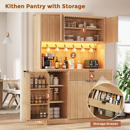 Jocoevol Fluted Kitchen Pantry Storage Cabinet with Charging Station/LED Light/Doors/Shelves, 71'' Tall Kitchen Food Hutch with Microwave Stand for Dining Room Living Room (Natural, 41 * 15.7 * 71)