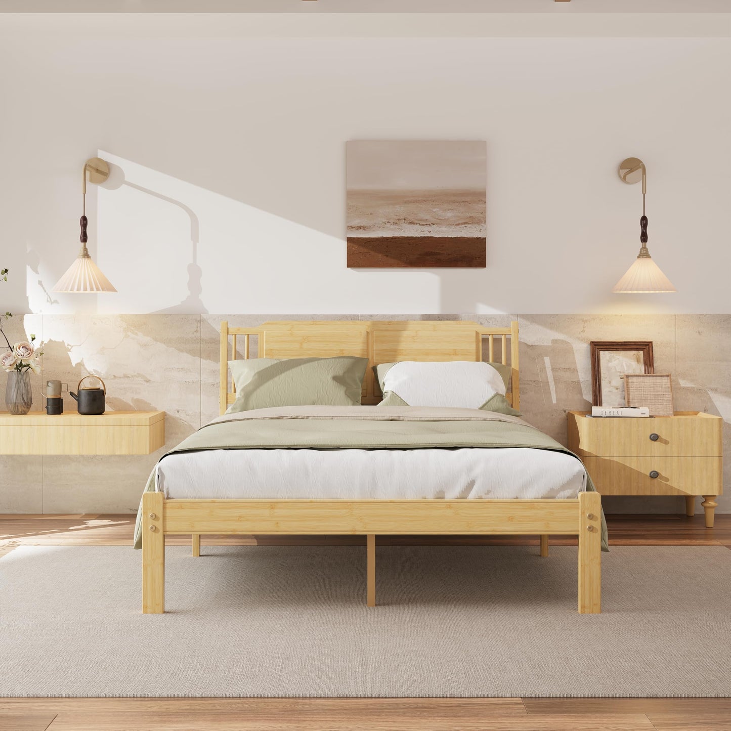 COMASACH Full Size Bed Frame with Headboard, 14 Inch Full Bamboo Wood Platform Bed, Heavy Duty Metal Slat Support, No Box Spring Needed, Easy Assembly