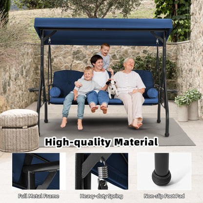 HOMREST 3 Seat Outdoor Porch Swing with Adjustable Canopy, Convertible Patio Swing Bed with Stand, Patio Glider Swing with Upgraded Cup Holder, Thicken Cushions ＆ Pillow for Backyard(Blue)
