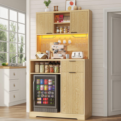 kepptory 72" Mini Fridge Cabinet with Storage, Coffee Bar Cabinet with Mini Fridge, Tall Coffee Bar Station with RGB LED Light, Wine Glass Holder, for Home Kitchen Living Room, Retro