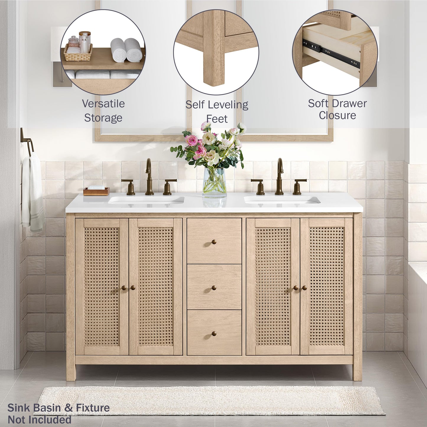 Alaterre Furniture Lucca Bathroom Vanity - Freestanding Cabinet Without Sink - 60 Inch Wood Bathroom Vanity with Soft-Close Doors and Three Drawers - for Double Sink Cabinet (Natural)
