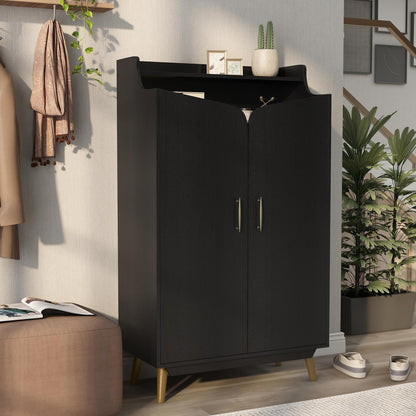 24/7 Shop at Home Ansel Mid-Century Modern 2-Door Storage Wood 32 in. Shoe Cabinet with Adjustable Shelves for Entryway, Hallway, Black