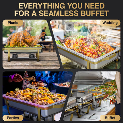 Gold Chafing Dishes for Buffet 4 Pack (7 Pans + Utensils) - 9QT Stainless Steel Chafing Dish Buffet Set - Food Warmers for Parties Buffet - Buffet Servers and Warmers (4 PACK + 7 PANS + 7 UTENSILS)