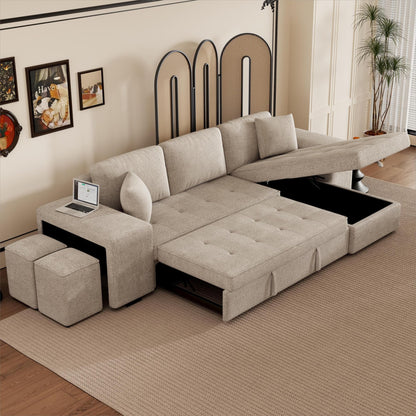 Merax 3 Seat Reversible Sectional Couch, Modern L-Shape Pull Out Sleeper Sofa with Storage Chaise and 2 Stools for Living Room Furniture Set, Cream