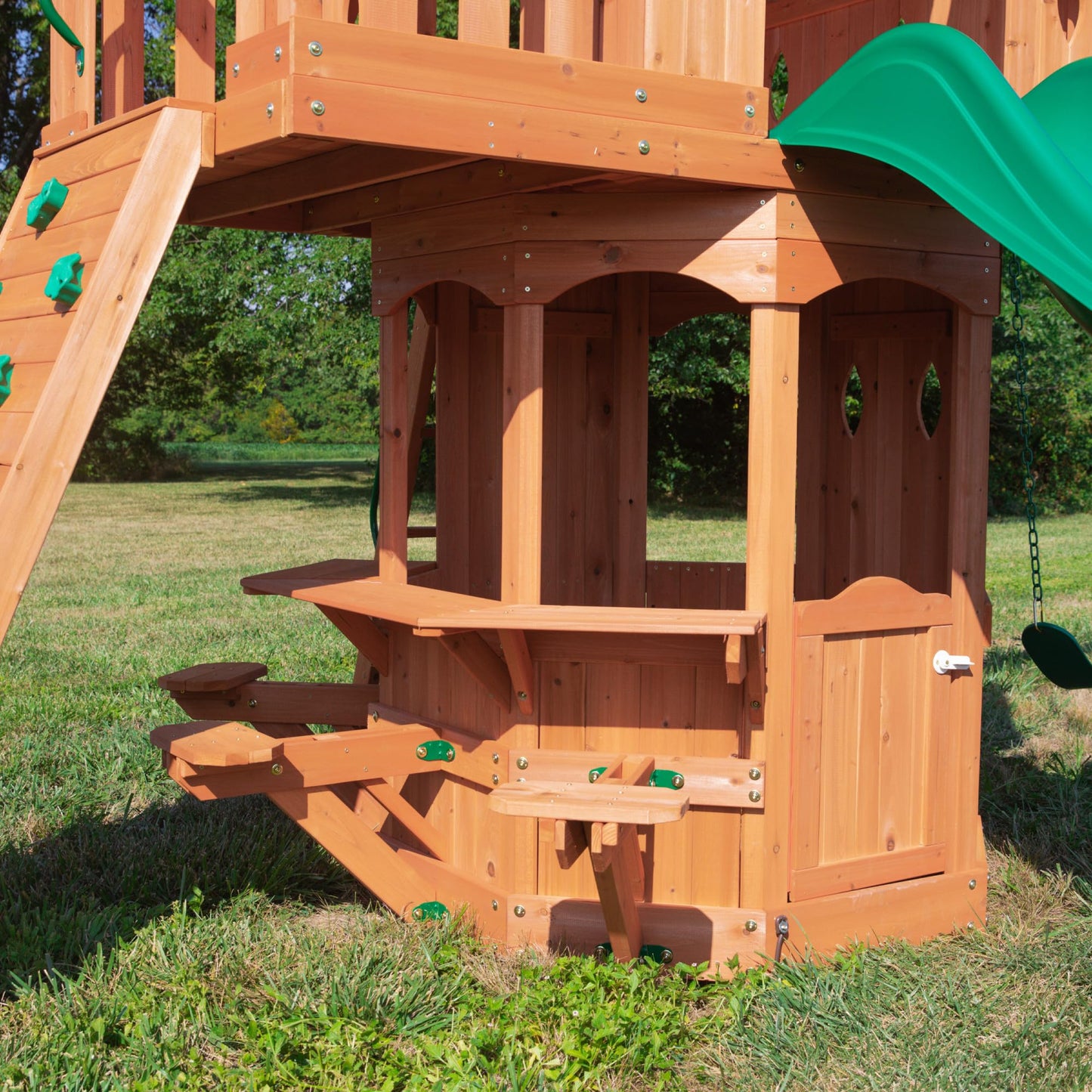 Backyard Discovery Woodland Cedar Wood Swing Set with Wave Slide, Clubhouse, Rock Wall, Snack Bar Station, Benches, Belt Swings, Trapeze, Half Door, Balcony, Step Ladder, Outdoor Playset