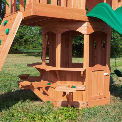 Backyard Discovery Woodland Cedar Wood Swing Set with Wave Slide, Clubhouse, Rock Wall, Snack Bar Station, Benches, Belt Swings, Trapeze, Half Door, Balcony, Step Ladder, Outdoor Playset