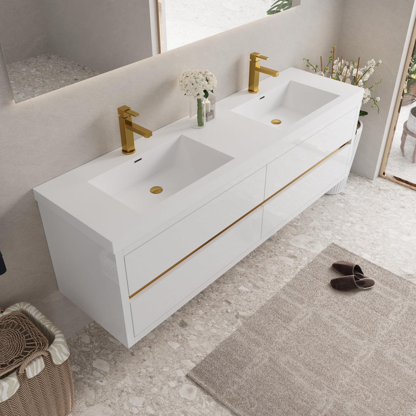 GDFStudio 72" Wall Mounted Double Sink Bathroom Vanity, Floating Vanity with Stone Resin Countertop, Floating Bathroom Storage Cabinet with Soft Close Drawers, Pre-Assembled Base, Glossy White