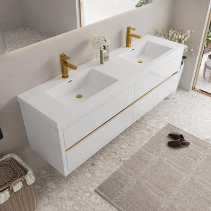 GDFStudio 72" Wall Mounted Double Sink Bathroom Vanity, Floating Vanity with Stone Resin Countertop, Floating Bathroom Storage Cabinet with Soft Close Drawers, Pre-Assembled Base, Glossy White