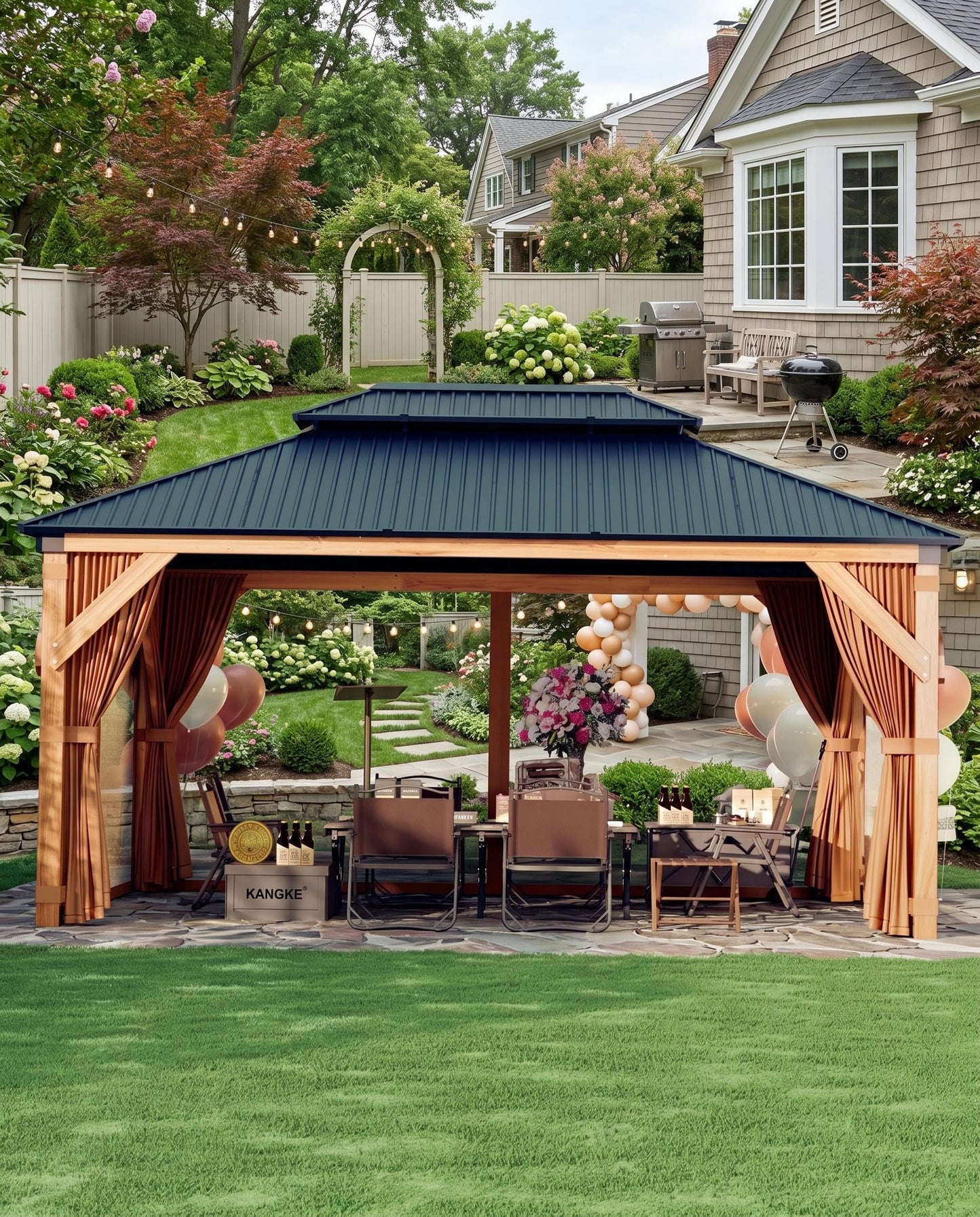 10'x12' Hardtop Wood Gazebo, Cedar Frame Outdoor Pavilion with Double Galvanized Steel Roof, Curtains and Netting Included, Ceiling Hook for Patio Backyard Deck Lawn Garden