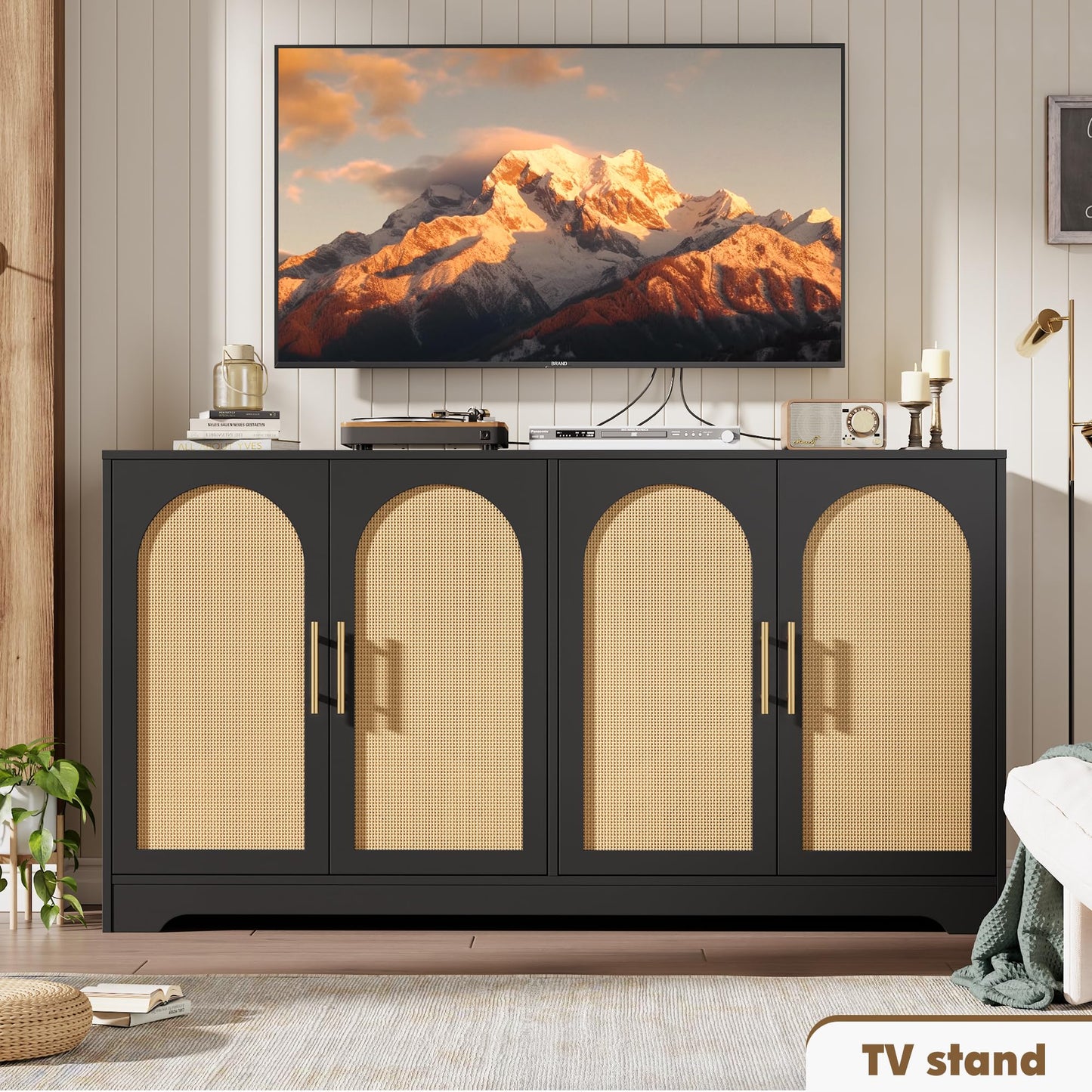 IDEALHOUSE 59" W Sideboard Buffet Cabinet- with 4 Rattan Doors, Large Storage Console Table & Modern Accent Coffee Bar Cabinet for Living Room, Kitchen, Hallway, Dining Room, Entryway, Black
