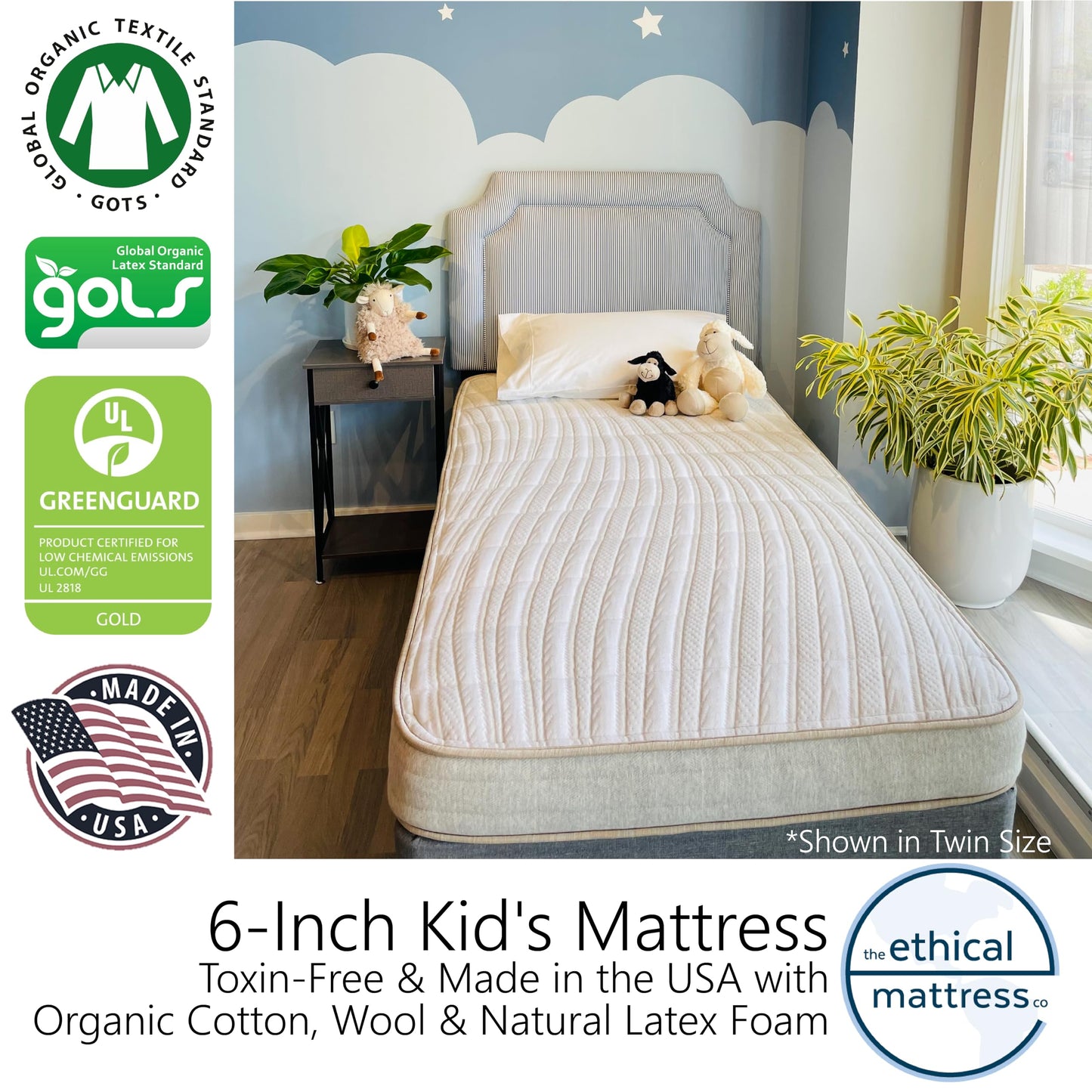 Ethical Mattress CO 6" Kid’s Mattress, Toxin-Free, Made in the USA with Organic Cotton, Wool, Latex & Pocketed Coils (Bed-in-a-Box); Perfect for bunk beds, trundles & Platform beds - Twin Size