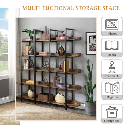 5-Tier Bookcase, Tall Industrial Bookshelf for Home Office, Storage Organizer with Metal Frame, Brown
