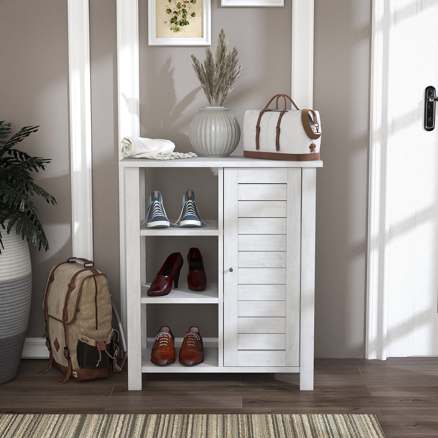 HOMES: Inside + Out Maifan Farmhouse 6-Shelf Wood 28 in. Shoes Cabinet for Living Room, Entryway, White Oak