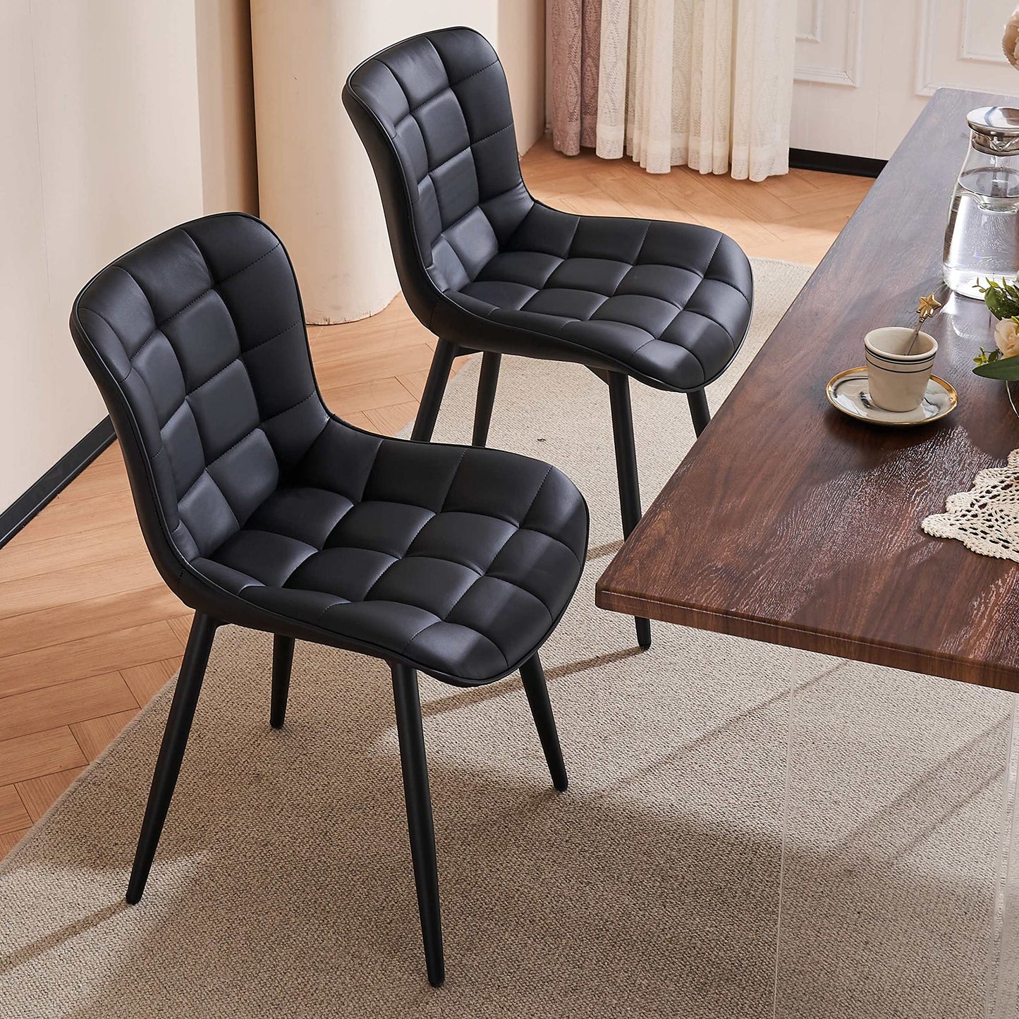 YOUTASTE All Black Dining Chairs Set of 2, Faux Leather Upholstered Armless Chairs with Back and Metal Legs, Mid Century Modern Kitchen Chairs for Living Room, Vanity, or Guest Reception Room