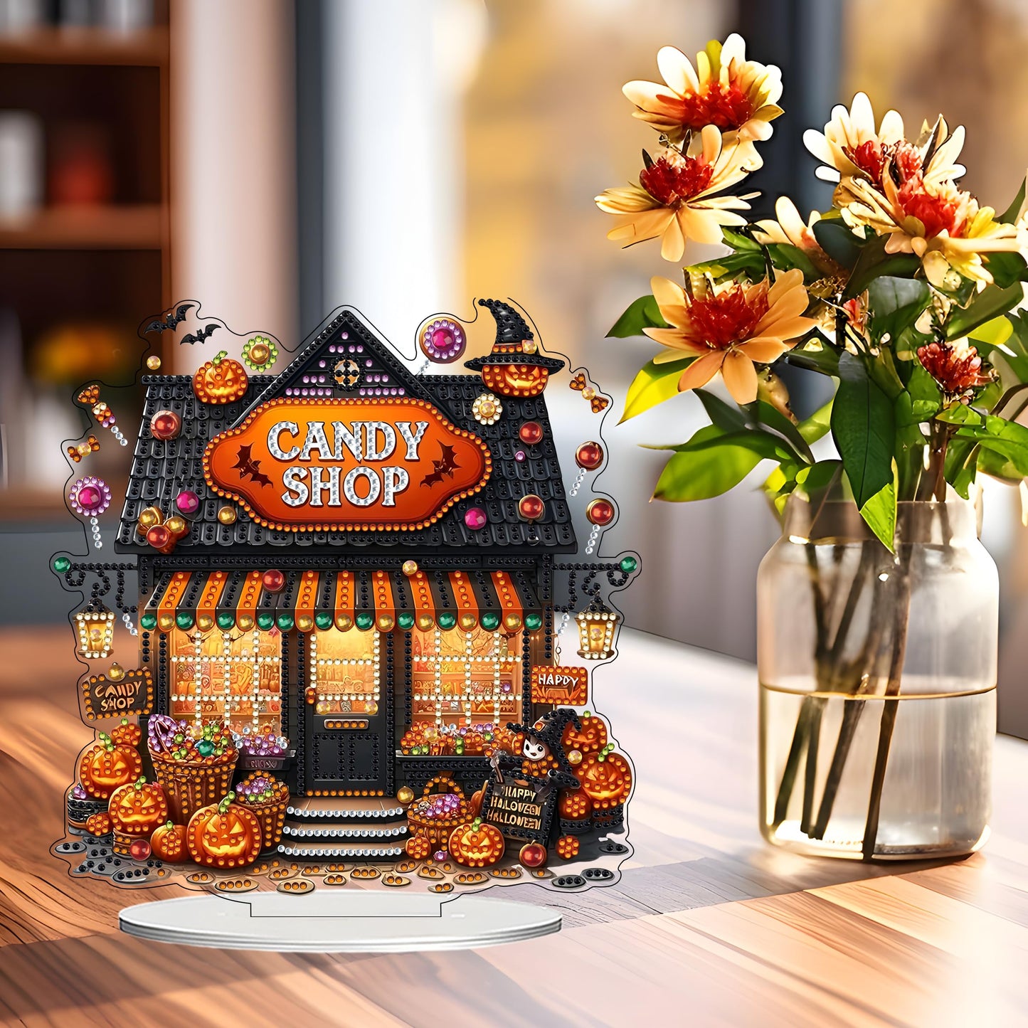 JJFox DIY 5D Tabletop Diamond Art Painting Kit， Desktop Ornament Special Shaped Rhinestone Desk Placement Ornament，Home Stand Up Gem Painting Craft Kit，Gift (Halloween Candy Shop)