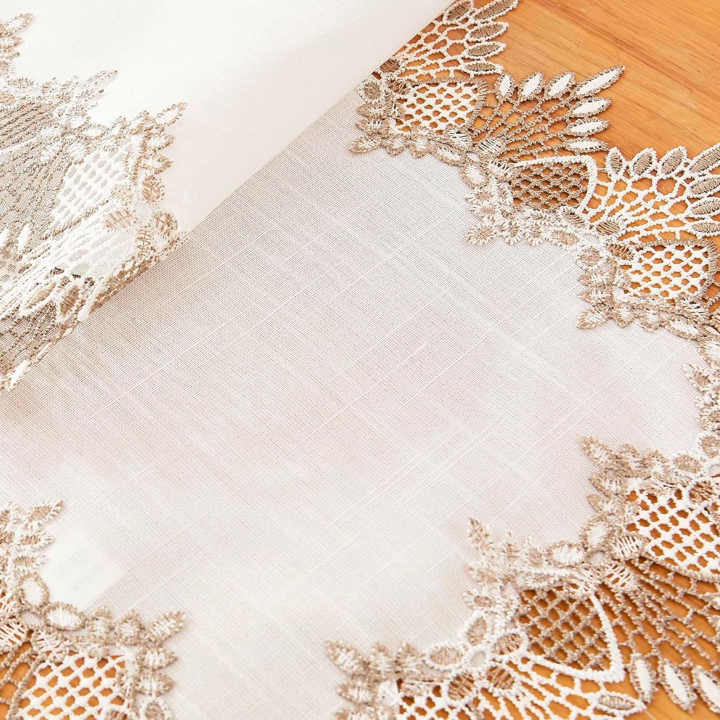 14x20 Set 2, (Set 2, White Linen Placemats of Neutral Earth Tones Beige Lace Coffee Table Topper Dresser Scarf Place