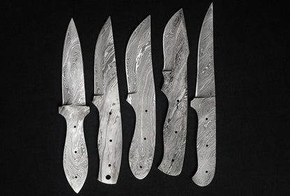 5 pieces set of 8 to 9.5 inches long hand forged twist pattern Damascus steel blank blade skinning knife set, Over all 44 inches long blades compact pocket knife blanks, knife making supplies