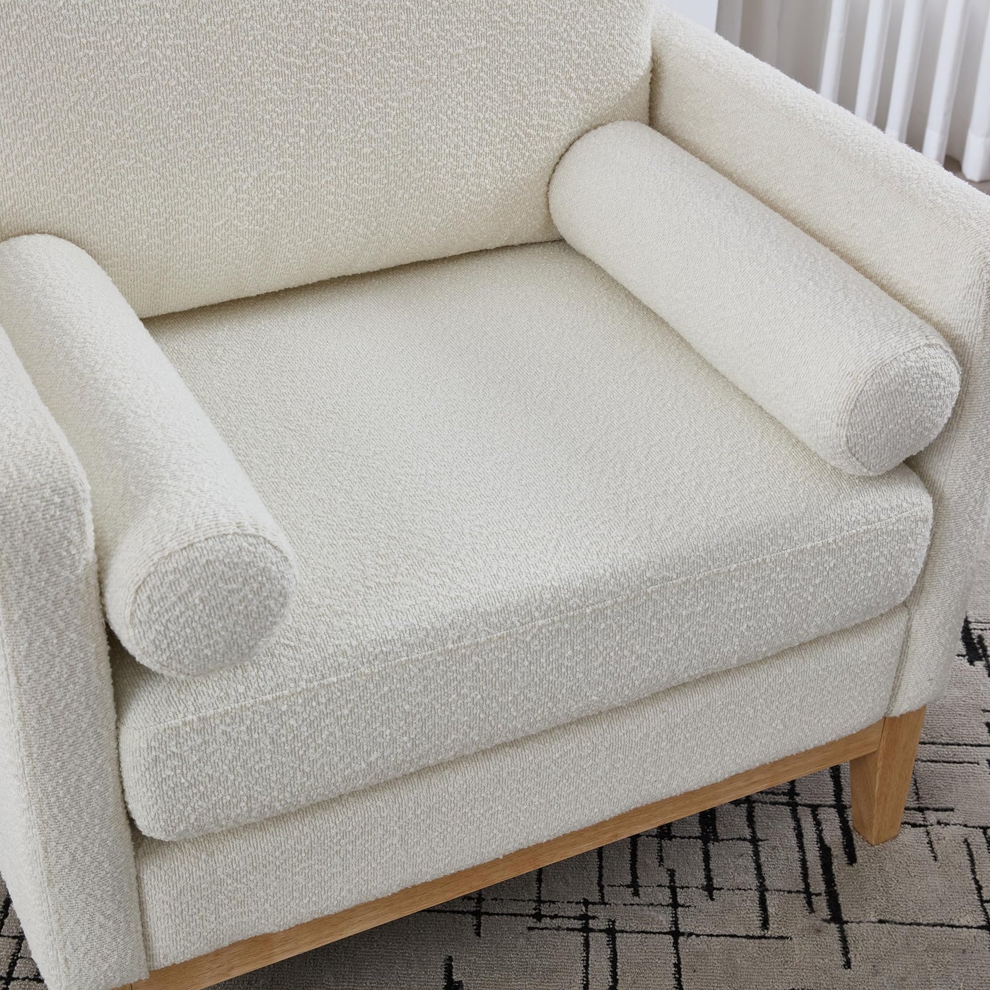 KEIKI 35.4" W Upholstered Accent Chair with Pillow, Ottoman with Convertible Reversible Lid Coffee Table & Storage, Farmhouse Boucle Single Seat Sofa Wood Legs, Ivory and Natural