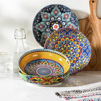HENXFEN LEAD Pasta & Salad Bowls Set of 4, 45 oz Large Ceramic Serving Bowls – Colorful 9 Inch Wide & Shallow Bowls for Soup & Pasta, Microwave & Dishwasher Safe