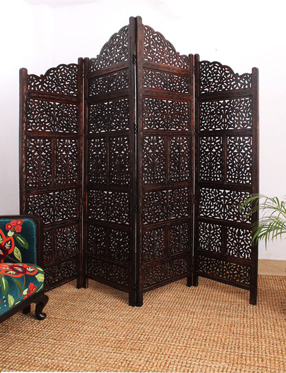 Room Divider Wood Screen - Mahanadi Antique Brown - 4 Panel Folding 72x80 - Wooden Hand Carved Screen Decorative Functional Versatile - Small Spaces Reversible Privacy Partition - COTTON CRAFT
