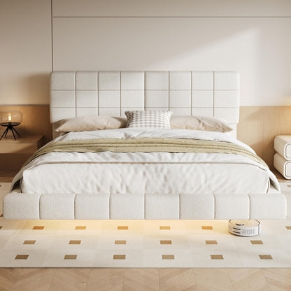 Merax King Size White Boucle Upholstered Platform Bed with Tall Headboard, Modern Floating Bed Frame with LED Lights for Bedroom, Solid Wood Slats Support, No Box Spring Needed, Easy Assembly