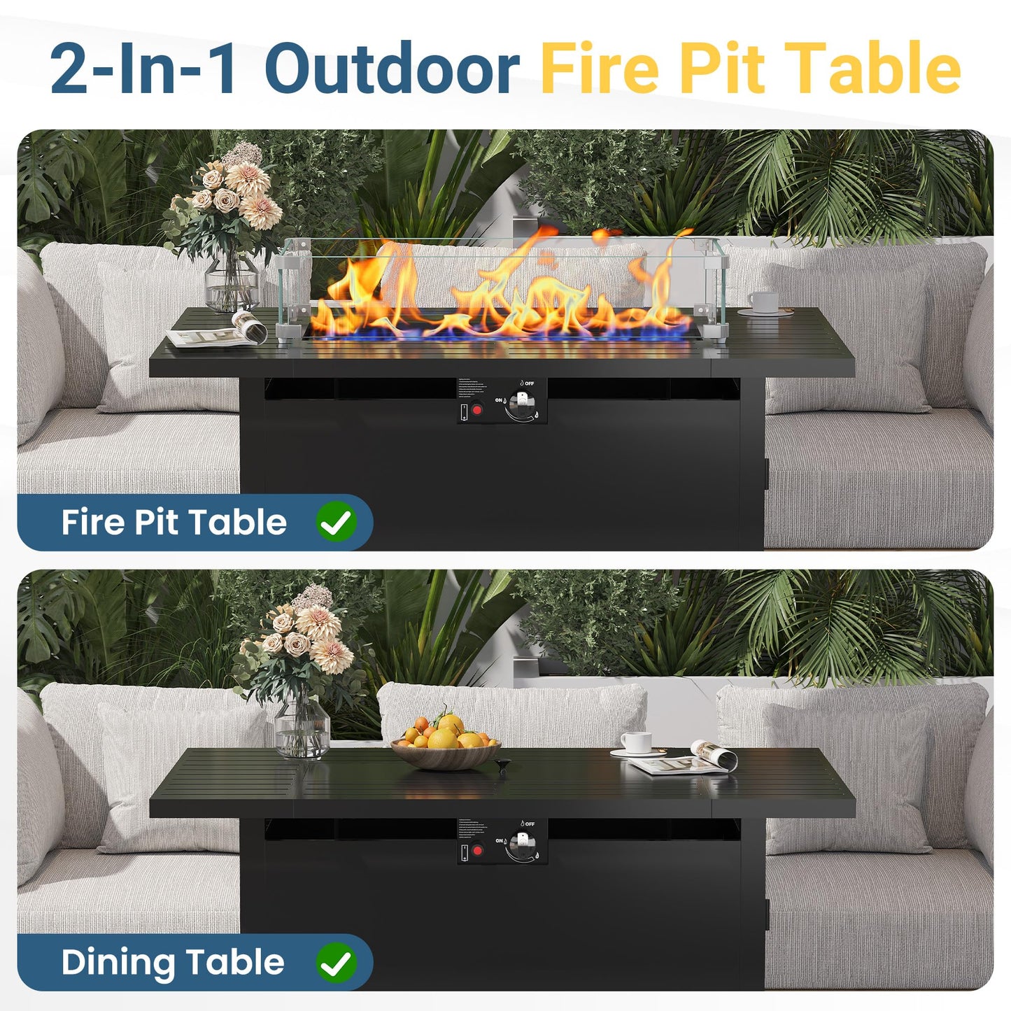 FansaFurn 43” Outdoor Propane Fire Table Set with Heavy-Duty Glass Stones, Glass Wind Guard, Lid & Water-Resistant Cover, 50,000 BTU Metal Fire Pit Table, Rectangle Fire Pit Table for Deck, Patio