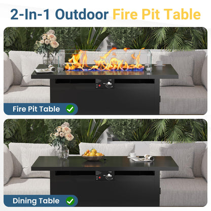 FansaFurn 43” Outdoor Propane Fire Table Set with Heavy-Duty Glass Stones, Glass Wind Guard, Lid & Water-Resistant Cover, 50,000 BTU Metal Fire Pit Table, Rectangle Fire Pit Table for Deck, Patio