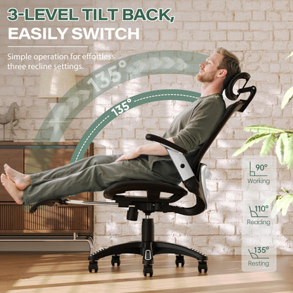 GABRYLLY Ergonomic Office Chair with Footrest, High Back Home Desk Chair - 3D Headrest, Flip-Up Arms, 135° Tilt and Wide Cushion, Heavy Duty Mesh Chairs for Task Computer Gaming, GYB01-FT