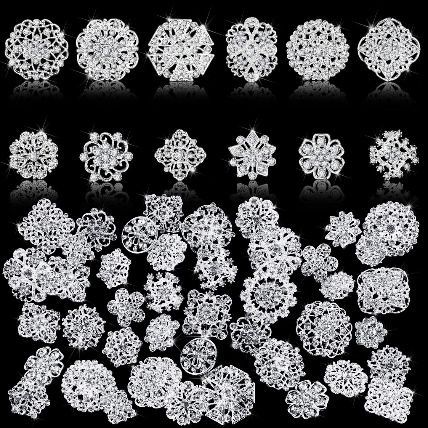 36 Pieces Clear Rhinestone Brooches for Crafts Crystal Flower Brooch Pins with Rhinestones Silver Bulk Brooches Jewelry for Woman Flower Lapel Badge Pins DIY Wedding Bouquet Broaches Kit (Silver)