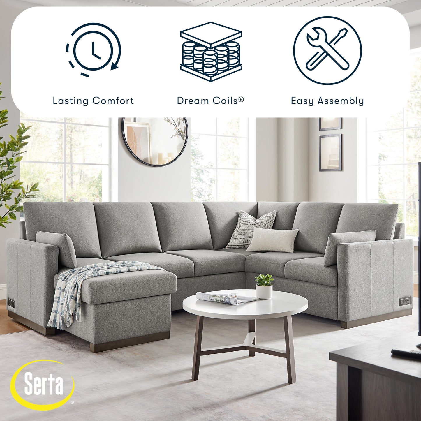 Serta® Emmett 110.2" Convertible Sleeper Sectional, Queen Size, Dreamcoil® Comfort, Reversible Storage Chaise, USB-C and USB-A Power Ports, Woven Fabric, Light Grey