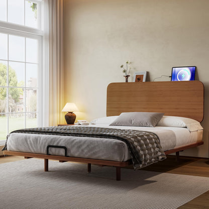 KEIKI Queen Size Bamboo Platform Bed with Headboard and USB Ports, Mid-Century Modern Floating Bed Frame with Solid Support Slats, No Box Spring Needed, Easy Assembly, Noise Free, for Bedroom, Brown