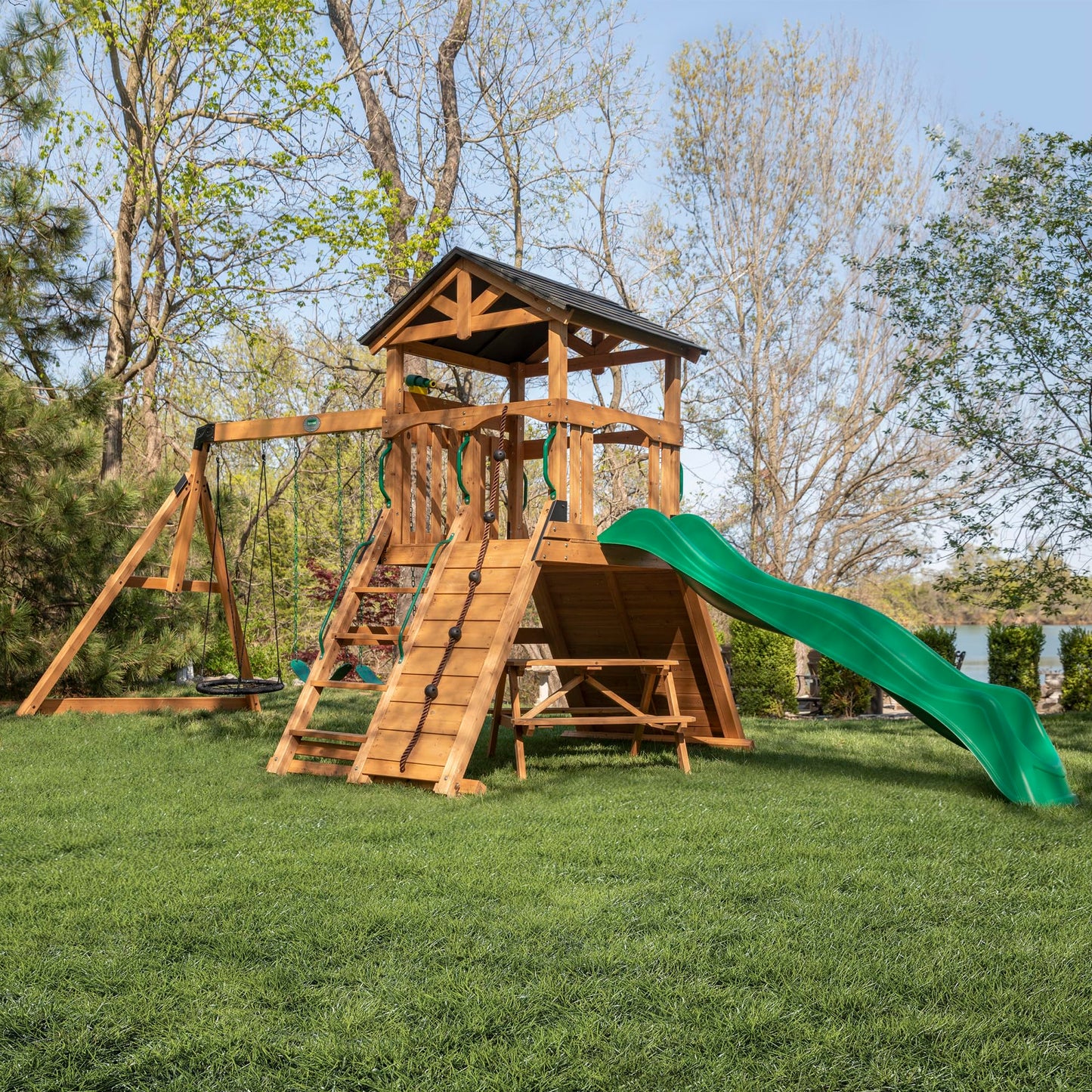 Backyard Discovery Endeavor II Cedar Wood Swing Set with Wave Slide, Play Deck, Double Rock Wall, Picnic Table, Climbing Wall, Belt Swings, Web Swing, Toy Telescope, Step Ladder, Outdoor Playset