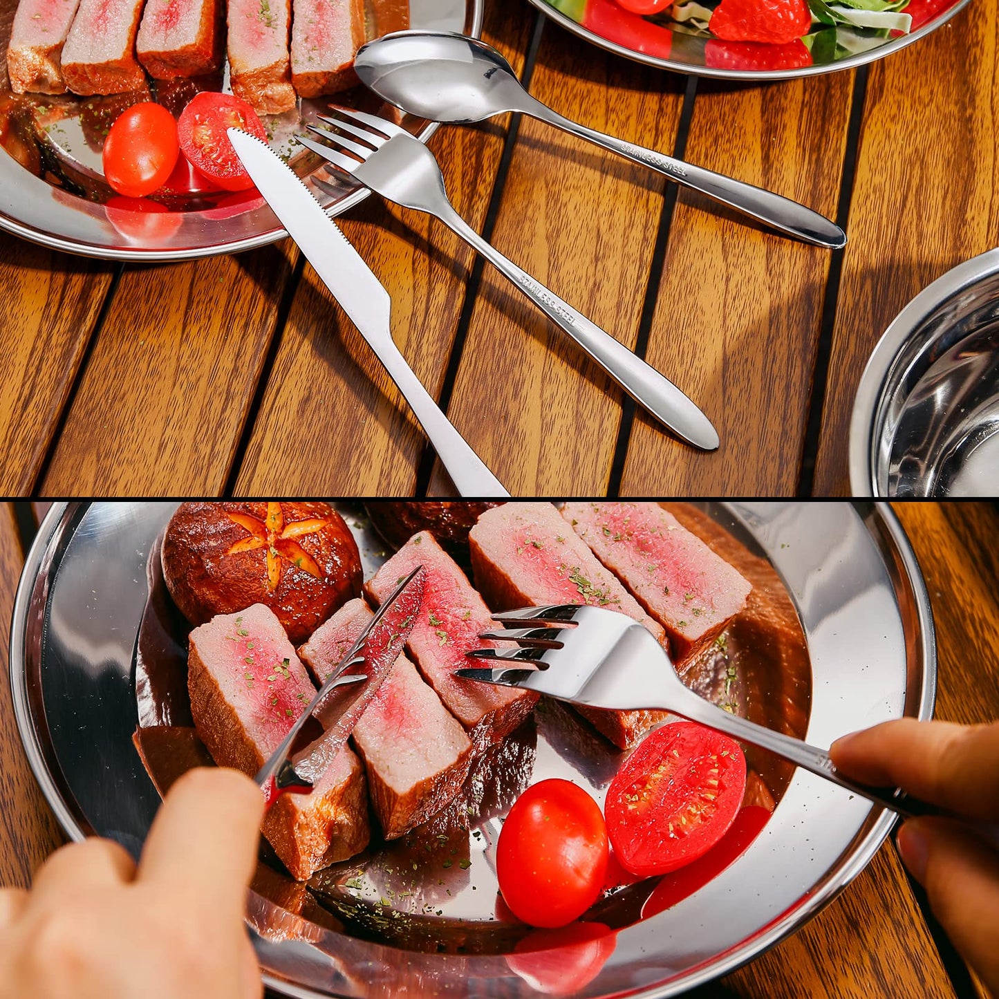 Odoland 29pcs Stainless Steel Utensils Camping Tableware Kit with Bowls Plates Cups Forks Spoons and Knives for 4, Cutlery Flatware Set for Backpacking, Outdoor Camping Hiking and Picnic