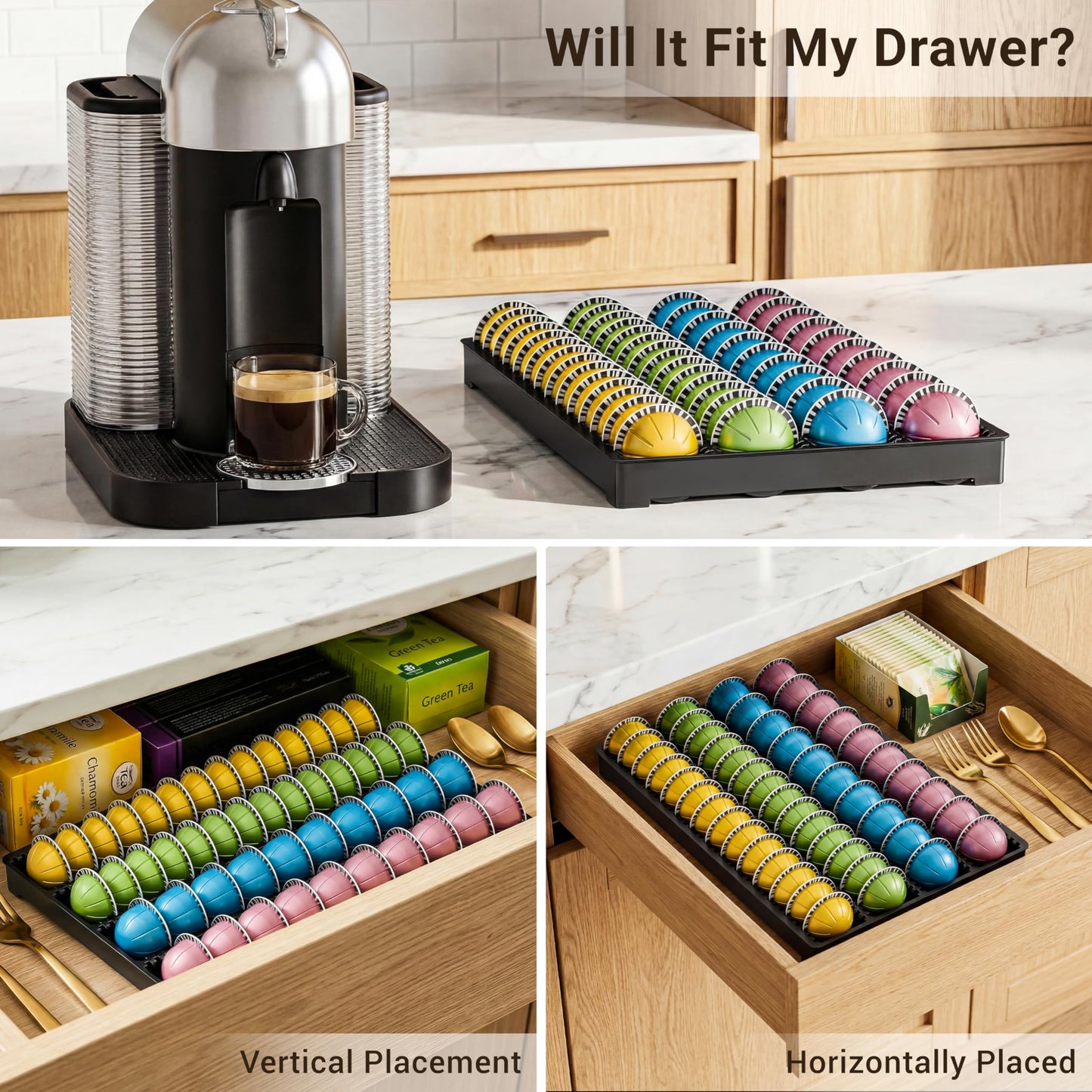 EVERIE Drawer Coffee Pod Organizer for Vertuo Capsules – Holds Up to 40 Large or 52 Small Pods, Space-Saving Insert Tray, Fits Kitchen Cabinets, 15.4" x 10.2" x 1.2"