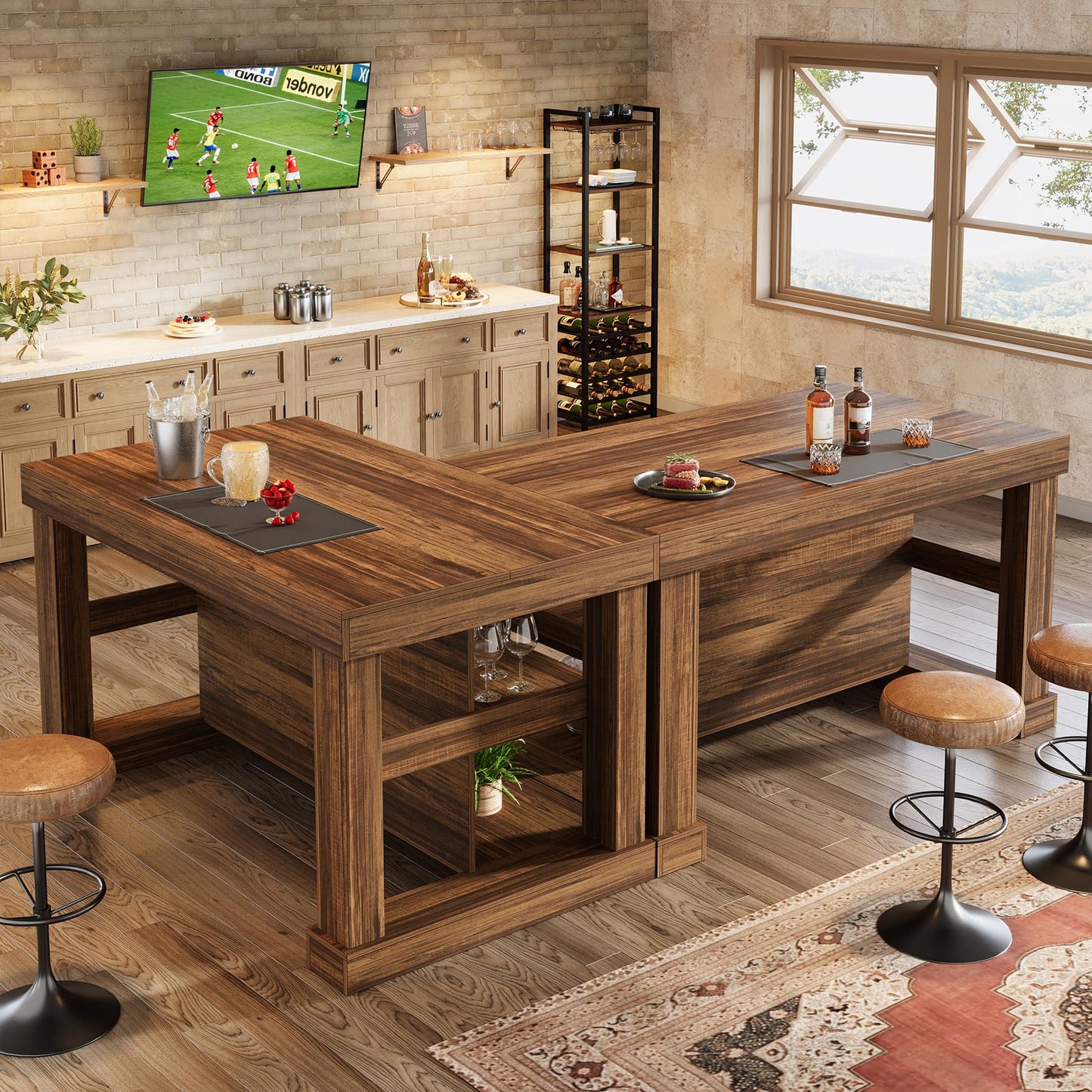 Tribesigns 55" Kitchen Island with Seating and Storage, 3-Tier Farmhouse Wood Stationary Island Table with Large Worktop & Leg Room, Coffee Bar Table with Storage Shelves for Kitchen, Dark Brown