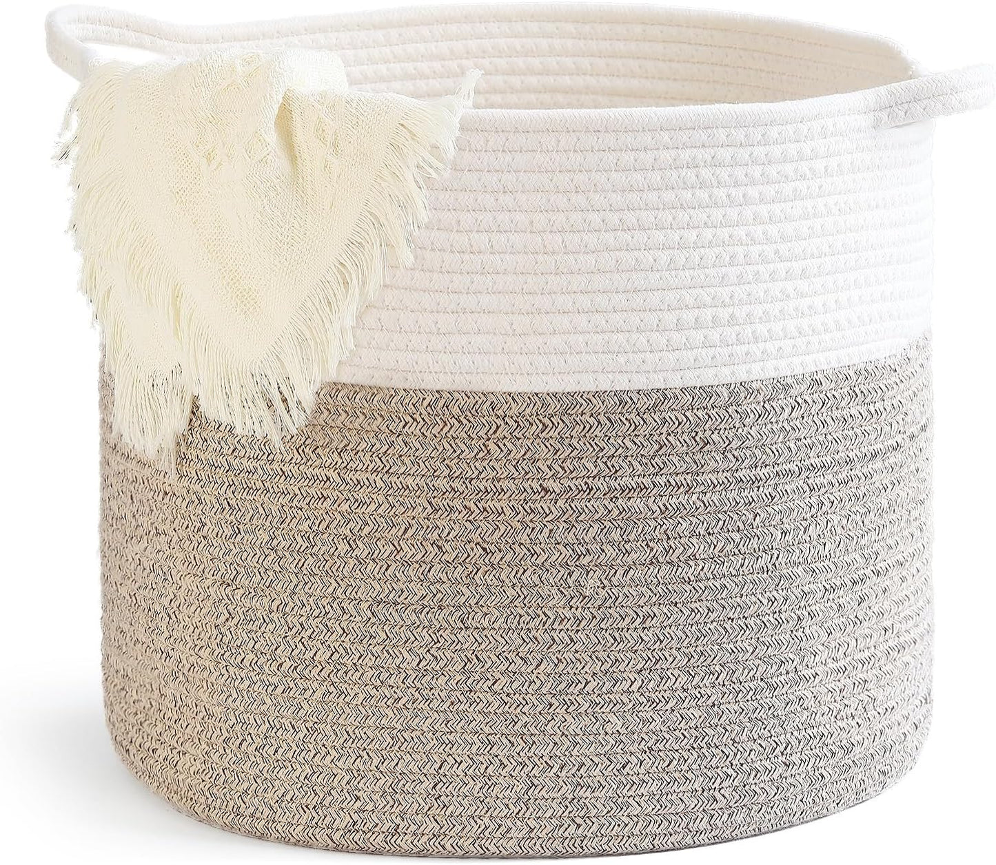 Laundry Hamper, Pure Cotton Rope Woven Basket for Dirty Clothes, 15.5 * 13.5 inches-40L White & Brown Mixed
