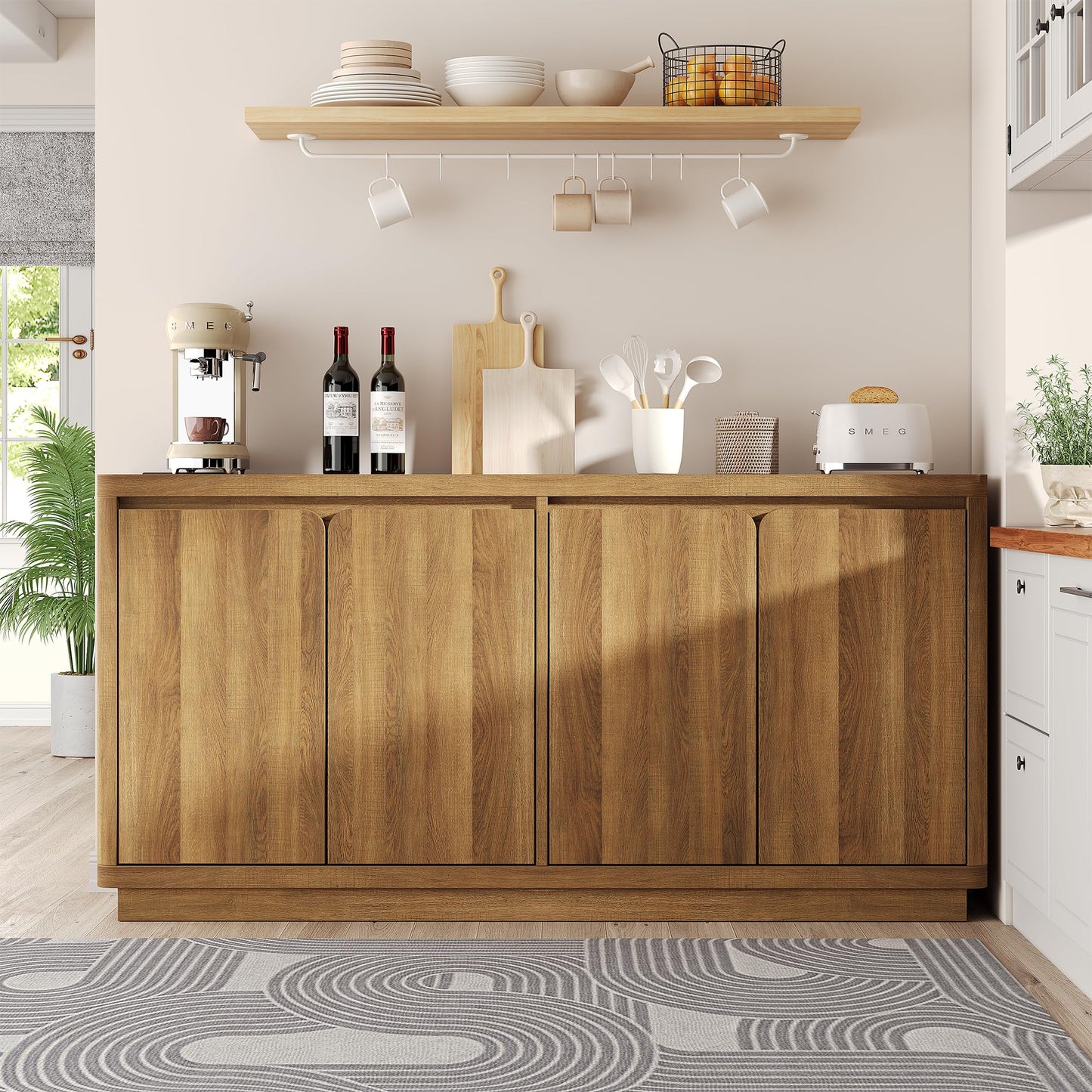 knoworld Buffet Cabinet with Storage, Outlet & Adjustable Shelves, Sideboard Cabinet with Double-Arc Doors, Classic Modern Wood Console Table & Credenza for Dining Room & Entryway