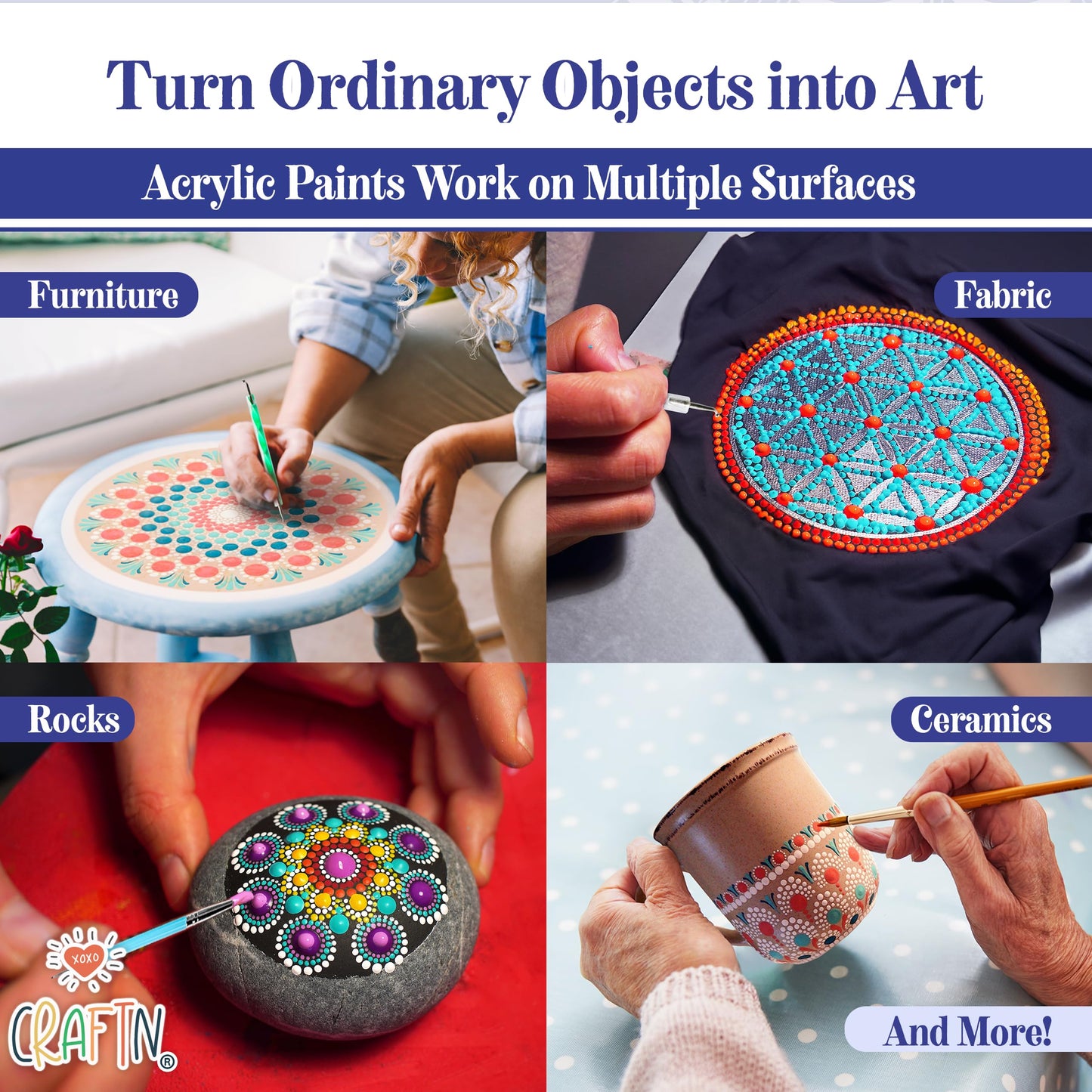 Complete Beginner's Mandala Painting 46 Piece Kit with Acrylic Paints, Reusable Stencils and Dotting Tools. Fun Rock Art & DIY Craft Project. Starter Activity Pack and Gift for Teens, and Adults