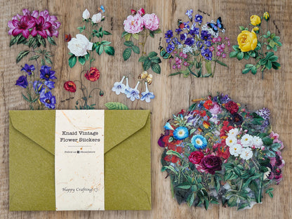 Knaid 100 Pieces Vintage Flower Stickers Set - Big 3.4" Waterproof Clear Botanical Floral Journaling Sticker for Scrapbooking Junk Journal Supplies Bullet Journals Planner Collage Laptop Paper Crafts