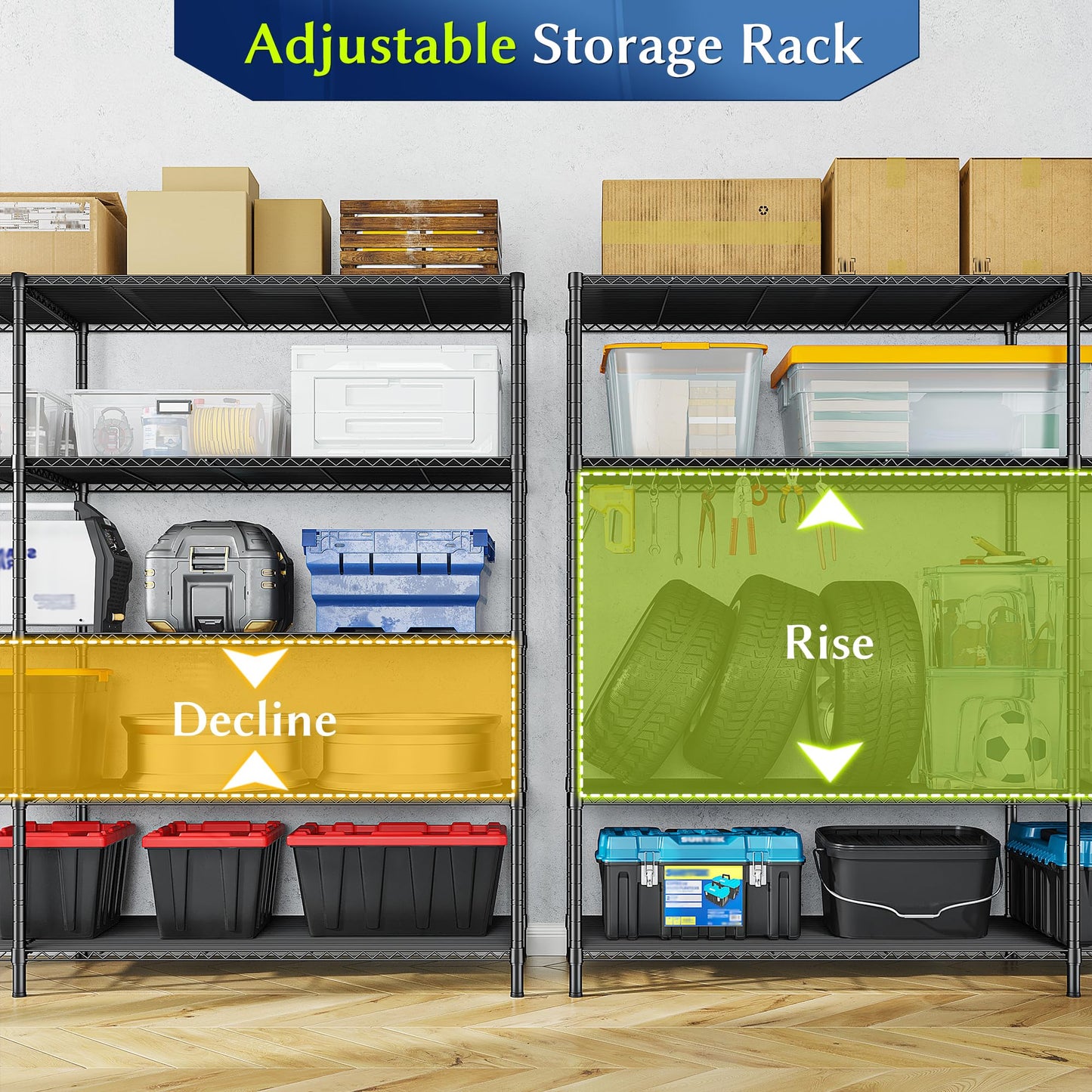 Romorgniz 70.8H Wire Shelving Rack, 5Tier Metal Shelving Unit,1200LBS Heavy Duty Storage Shelves,Adjustable Pantry Shelves, Metal Shelf and Storage Rack,Industrial Shelving 52.36W x13.78Dx70.8H,2PCS